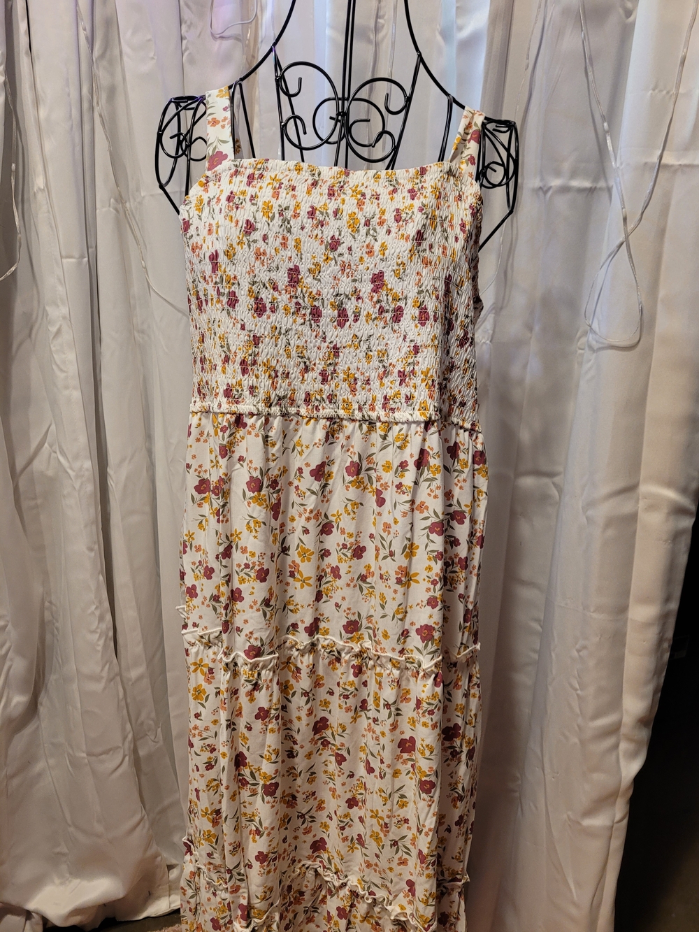 Smocked Floral Maxi Dress in White with Pink & Mustard Floral